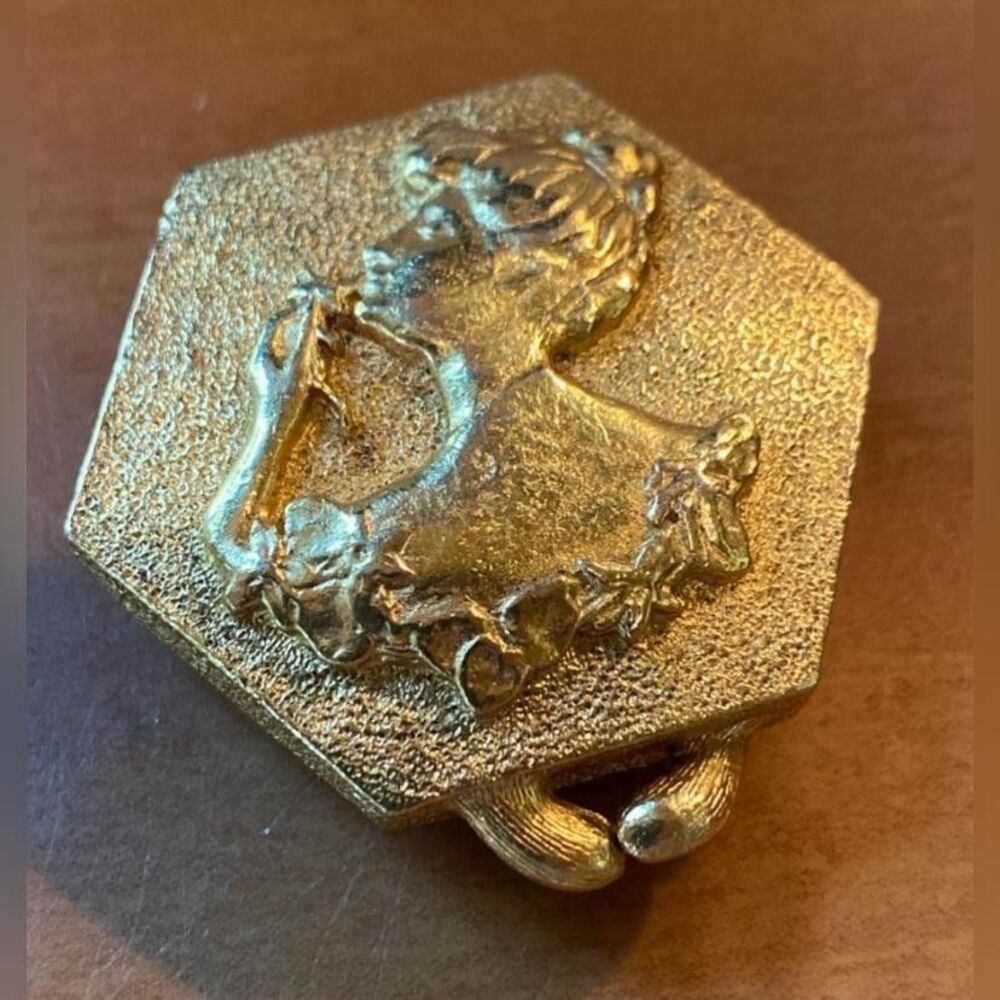 Vintage Houbigant Solid Perfume Compact Hexagon Lady Relief Gold Tone France